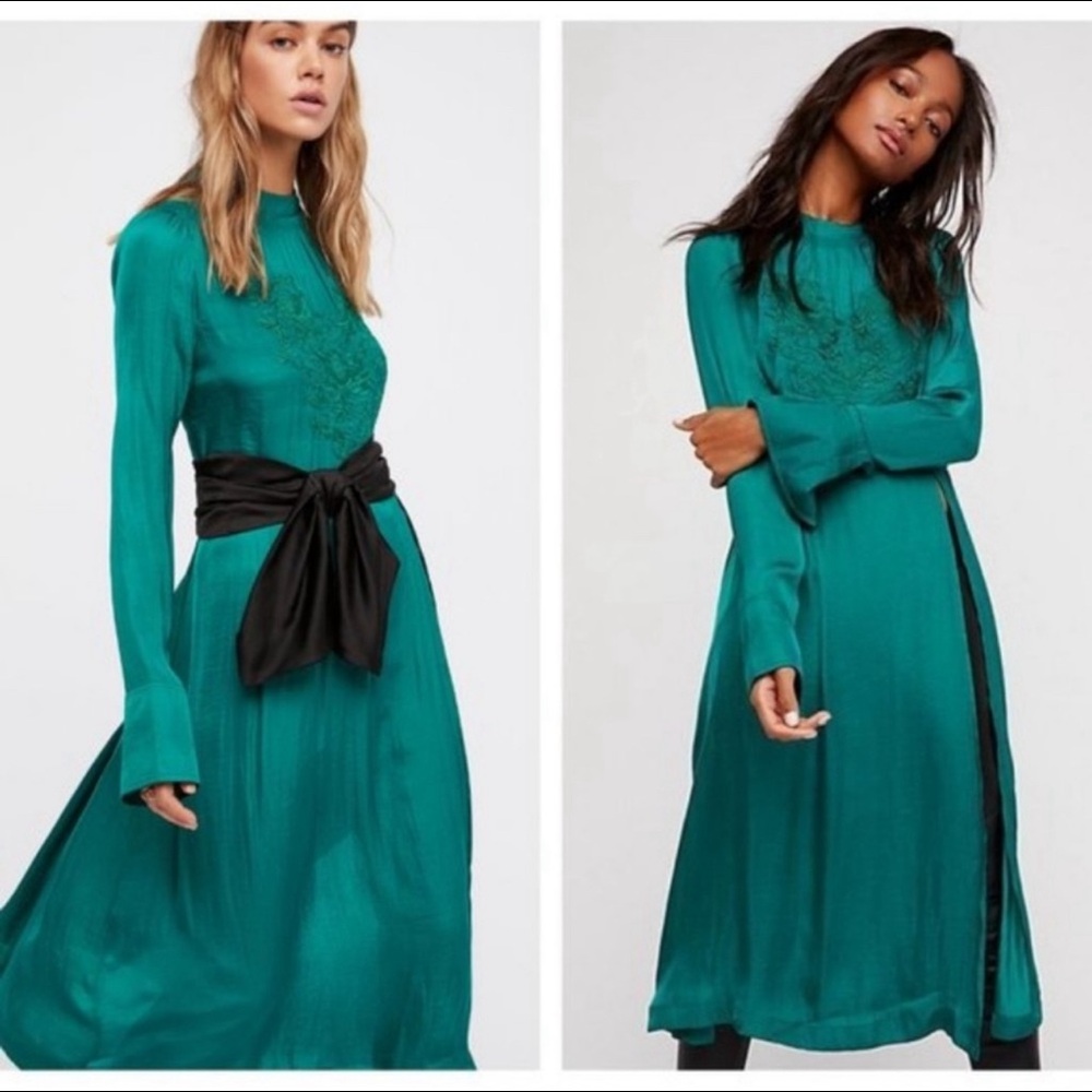 Free People Embroidered Slit Satin Dress